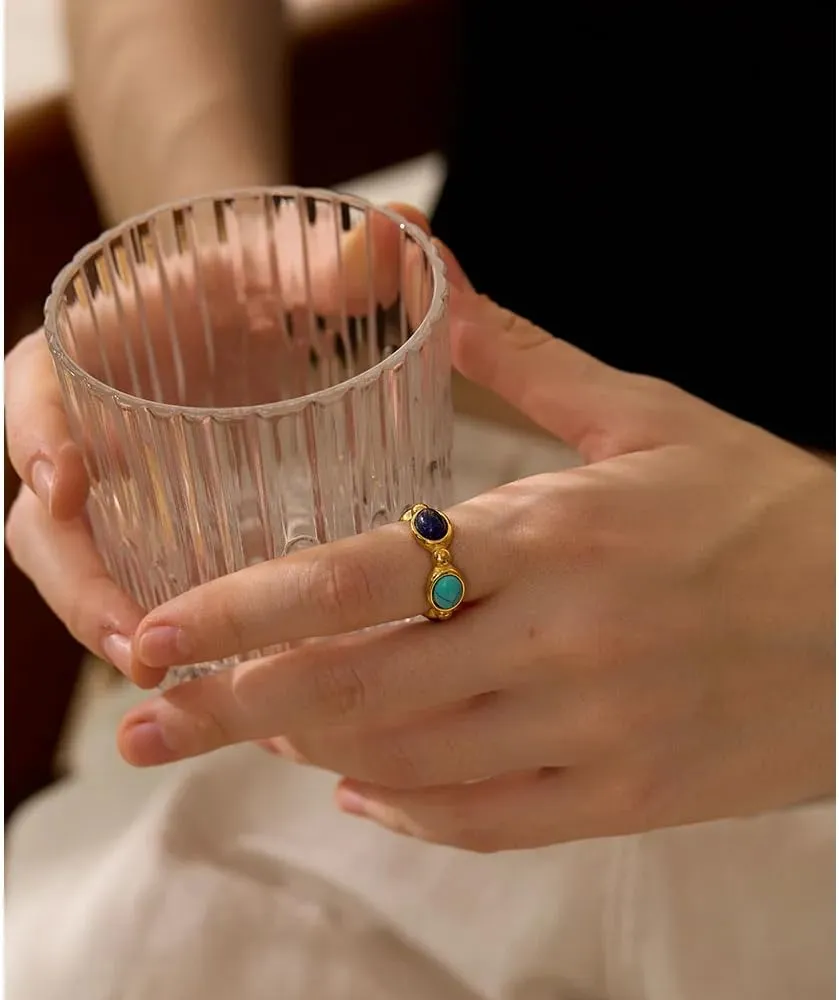 Boho Natural Stone Chunky Rings|Turquoise|Green Aventurine|Black Obsidian|Amazonite|Red Agate Adjustable 18k Gold Plated Stainless Steel Stackable Party Rings
