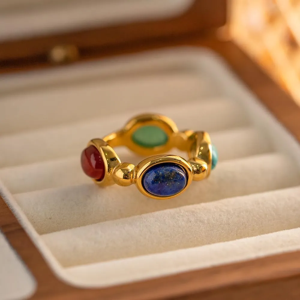Boho Natural Stone Chunky Rings|Turquoise|Green Aventurine|Black Obsidian|Amazonite|Red Agate Adjustable 18k Gold Plated Stainless Steel Stackable Party Rings