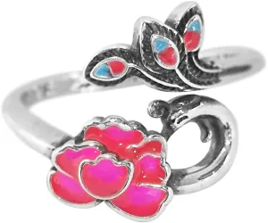 Boho Peacock Statement Open Rings Fashion Vintage Enamel Lotus Flower Ethnic Style Phoenix Bird Adjustable Thumb Finger Stacking Promise Ring Wedding Band Comfort Fit Lucky Jewelry for Women Mom