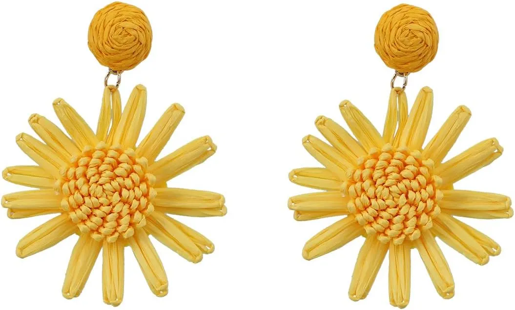 Boho Raffia Flower Earrings Cute Handmade Sunflower Raffia Rattan Drop Earrings for Women Trendy Spring Summer Beach Vacation Statement Jewelry Gifts
