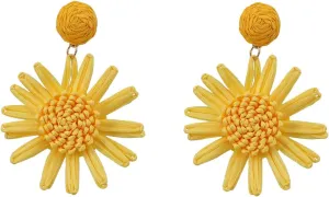 Boho Raffia Flower Earrings Cute Handmade Sunflower Raffia Rattan Drop Earrings for Women Trendy Spring Summer Beach Vacation Statement Jewelry Gifts