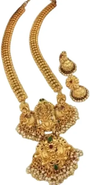Bollywood Indian Jewelry Gold Plated Goddess Laxmi Temple Long Wedding Wear Necklace With Jhumka Jhumki Earring Set For Women