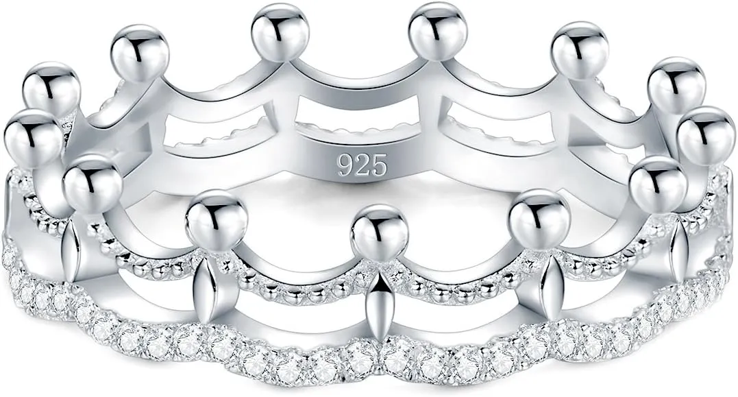 BORUO 925 Sterling Silver Ring, Cubic Zirconia Princess Crown Tiara Wedding Cz Band Eternity Ring Size 4-12