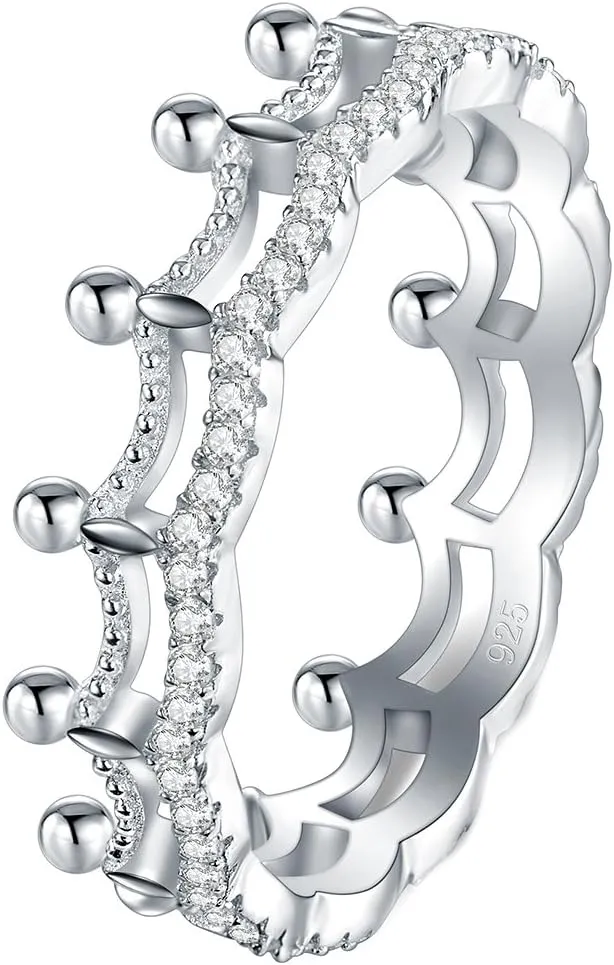 BORUO 925 Sterling Silver Ring, Cubic Zirconia Princess Crown Tiara Wedding Cz Band Eternity Ring Size 4-12