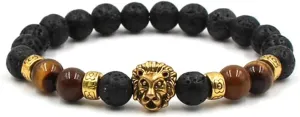 Bracelet,Fashion Decoration Bracelets Lava Stone Bracelet Gold Lion Head Natural Volcanic Stone Sandstone Tiger Eye Bangle, Brown Fashion Elastic Beaded Cuff Unisex Wristband Jewelry Festival Couple G