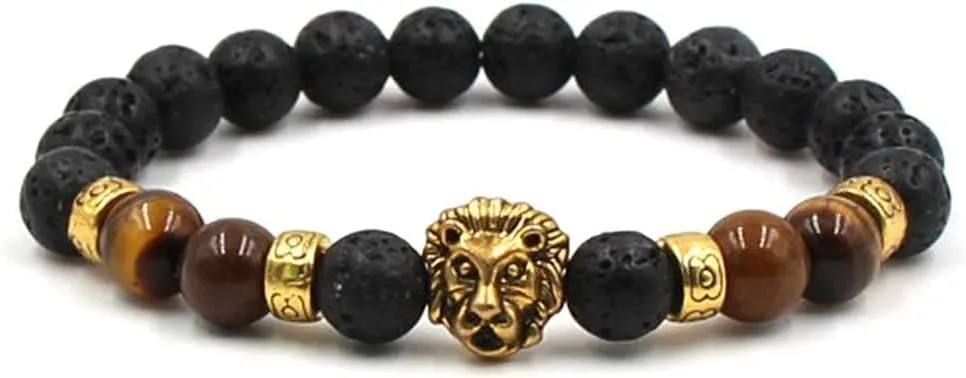 Bracelet,Fashion Decoration Bracelets Lava Stone Bracelet Gold Lion Head Natural Volcanic Stone Sandstone Tiger Eye Bangle, Brown Fashion Elastic Beaded Cuff Unisex Wristband Jewelry Festival Couple G