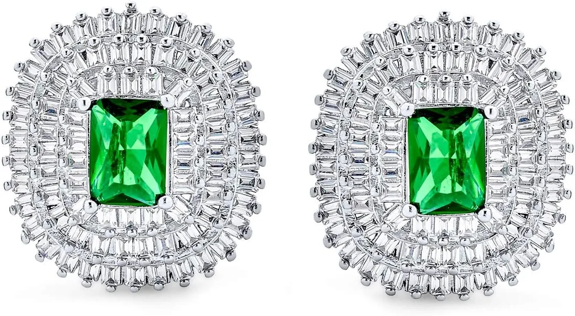 Bridal Art Deco Estate Jewelry Style Fashion Simulated Emerald Green Cubic Zirconia Pave Baguette Halo AAA CZ Square Large Oval Stud Clip On Earrings For Women Wedding Yellow 14K Gold Silver Plated