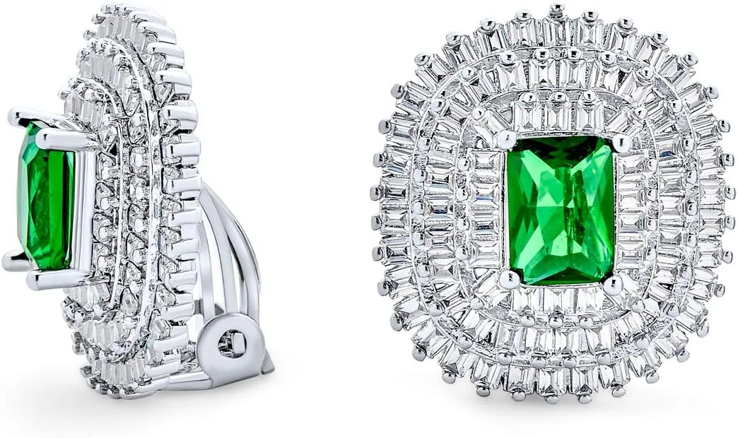 Bridal Art Deco Estate Jewelry Style Fashion Simulated Emerald Green Cubic Zirconia Pave Baguette Halo AAA CZ Square Large Oval Stud Clip On Earrings For Women Wedding Yellow 14K Gold Silver Plated