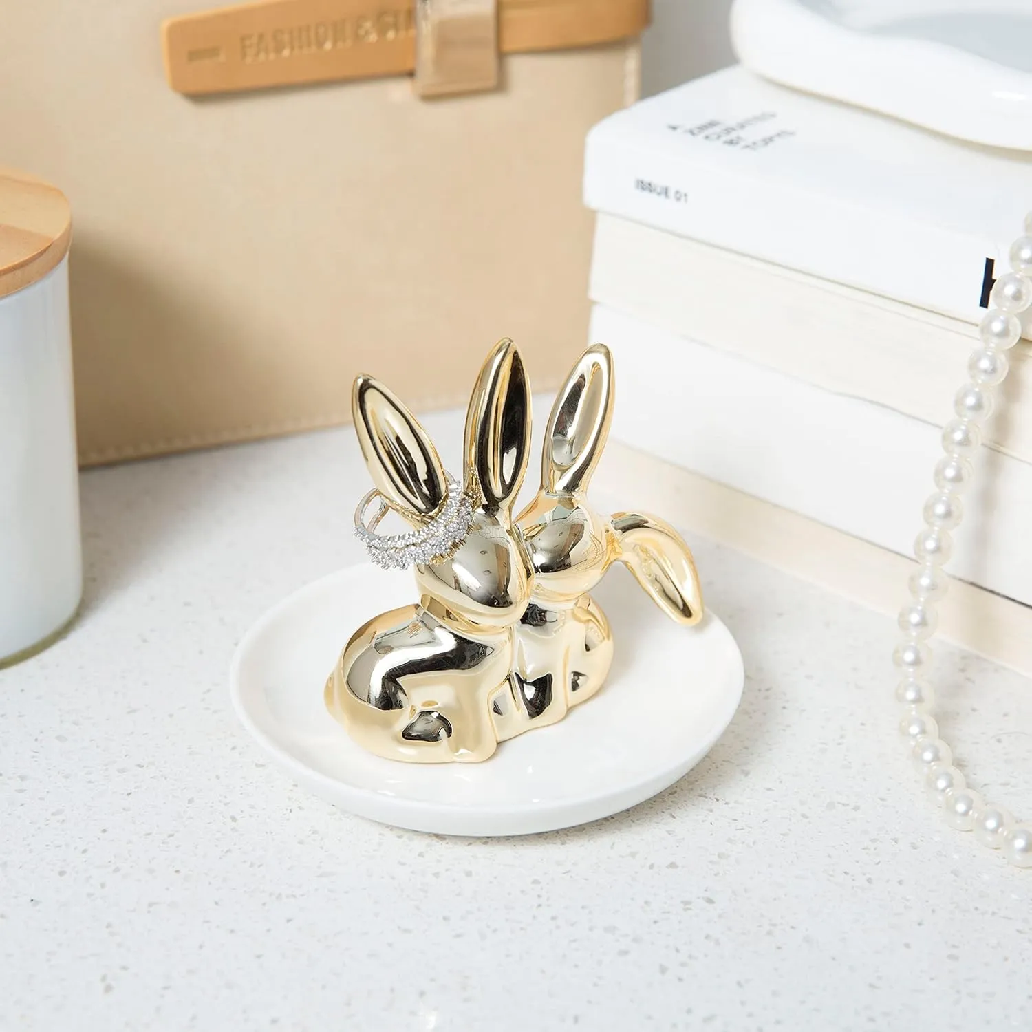 Bunny Ring Holder Rabbit Ring Dish Ceramic Jewelry Holder Dish Trinket tray for Rings Earrings Necklace Organizer, Wedding Engagement Ring Holder (Golden)