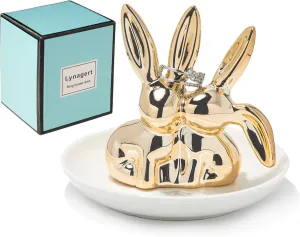Bunny Ring Holder Rabbit Ring Dish Ceramic Jewelry Holder Dish Trinket tray for Rings Earrings Necklace Organizer, Wedding Engagement Ring Holder (Golden)