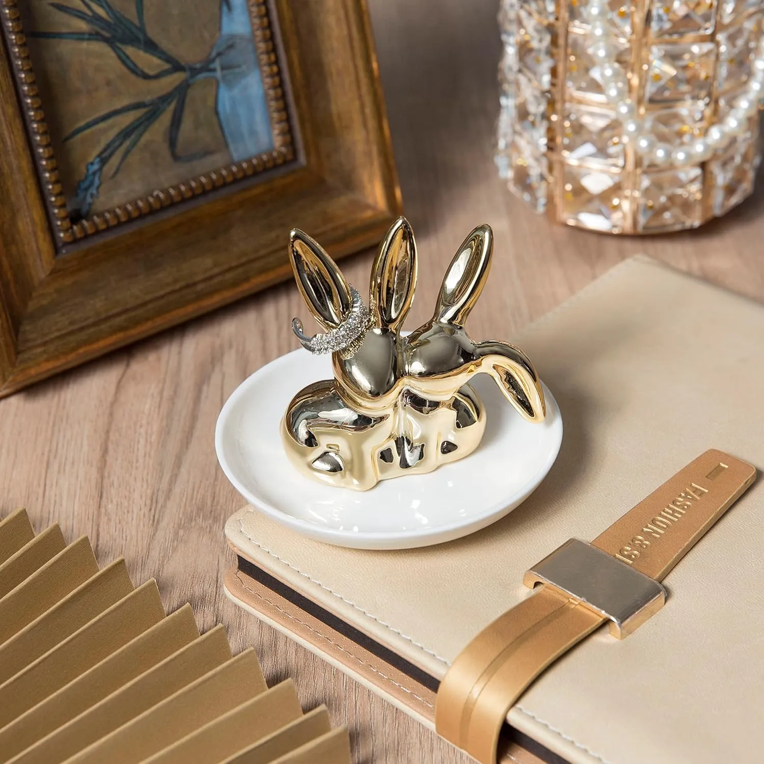 Bunny Ring Holder Rabbit Ring Dish Ceramic Jewelry Holder Dish Trinket tray for Rings Earrings Necklace Organizer, Wedding Engagement Ring Holder (Golden)
