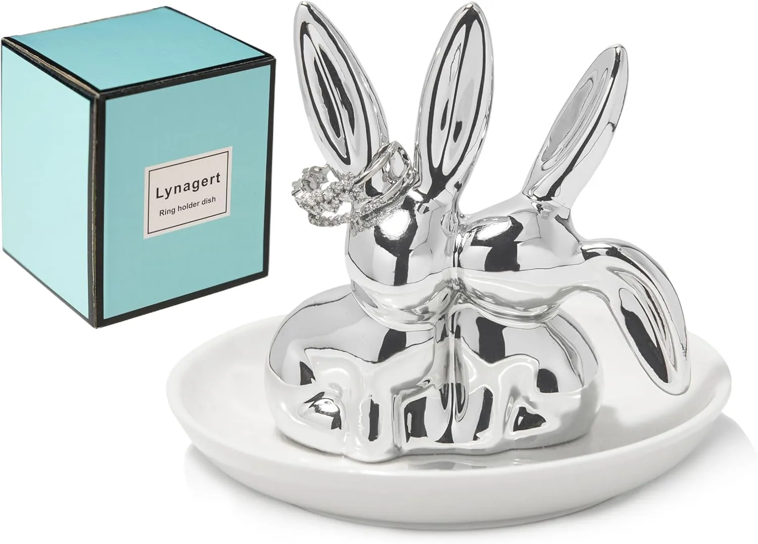 Bunny Ring Holder Rabbit Ring Dish Ceramic Jewelry Holder Dish Trinket tray for Rings Earrings Necklace Organizer, Wedding Engagement Ring Holder (Silver)