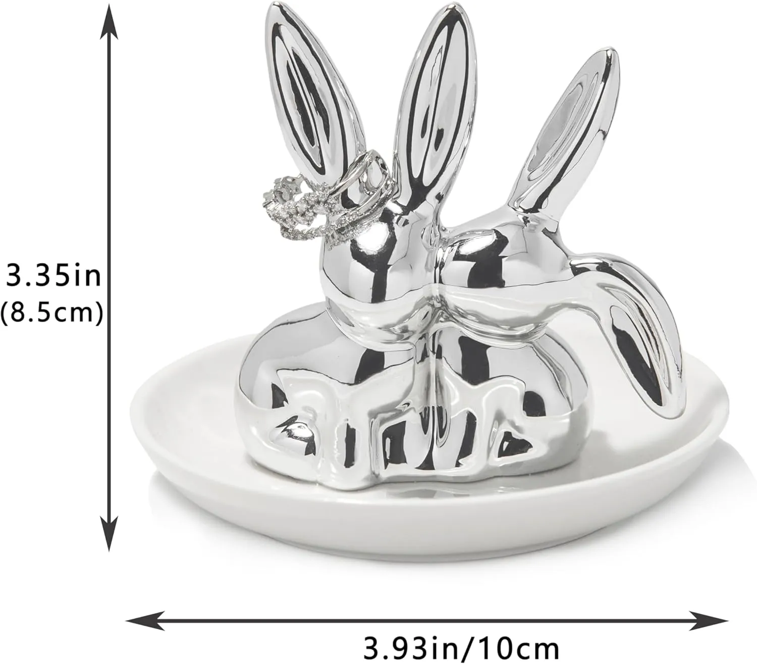 Bunny Ring Holder Rabbit Ring Dish Ceramic Jewelry Holder Dish Trinket tray for Rings Earrings Necklace Organizer, Wedding Engagement Ring Holder (Silver)