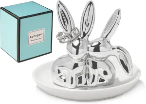 Bunny Ring Holder Rabbit Ring Dish Ceramic Jewelry Holder Dish Trinket tray for Rings Earrings Necklace Organizer, Wedding Engagement Ring Holder (Silver)