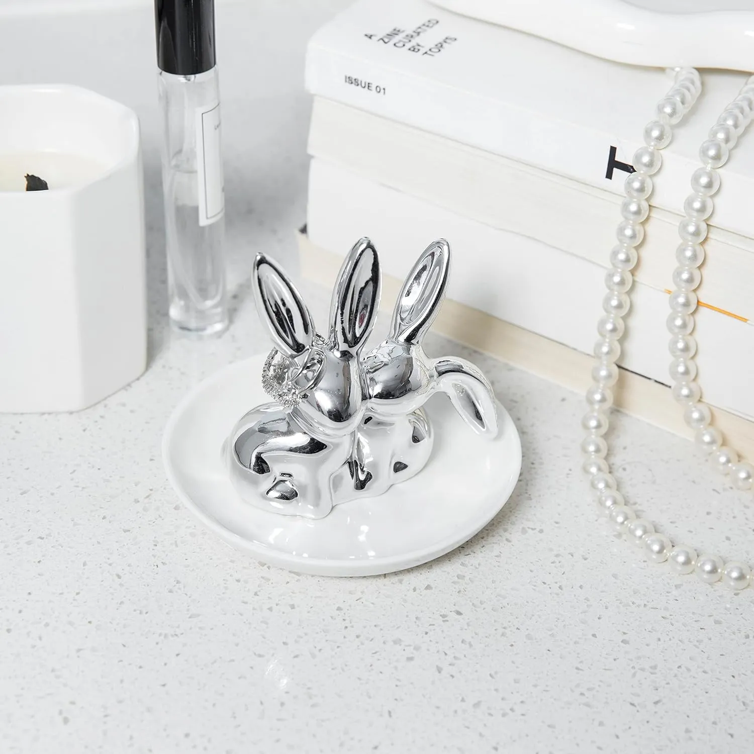 Bunny Ring Holder Rabbit Ring Dish Ceramic Jewelry Holder Dish Trinket tray for Rings Earrings Necklace Organizer, Wedding Engagement Ring Holder (Silver)