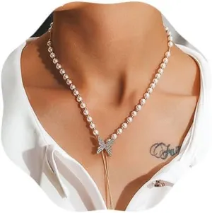 Butterfly Pearl Necklaces Y Necklace for Women Gold Tassel Necklaces Rhinestone Butterfly Necklace Jewelry for Women