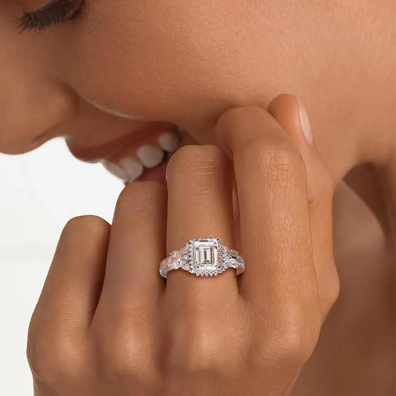 Butterfly Rings for Women, 925 Sterling Silver 3-4 Carat Birthstone Halo Ring Amethyst/Emerald/Blue Sapphire/Ruby Promise Ring Emerald Cut Engagement Rings for Her,Lovers Birthday Valentines Gift