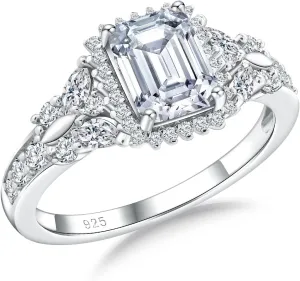 Butterfly Rings for Women, 925 Sterling Silver 3-4 Carat Birthstone Halo Ring Amethyst/Emerald/Blue Sapphire/Ruby Promise Ring Emerald Cut Engagement Rings for Her,Lovers Birthday Valentines Gift