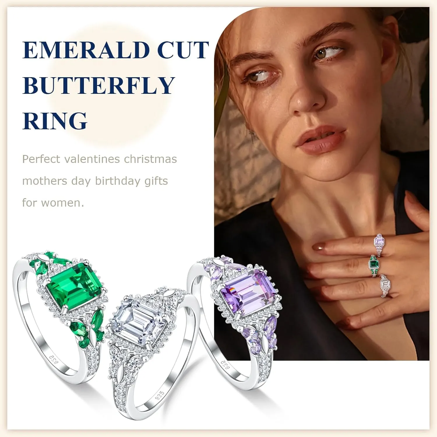 Butterfly Rings for Women, 925 Sterling Silver 3-4 Carat Birthstone Halo Ring Amethyst/Emerald/Blue Sapphire/Ruby Promise Ring Emerald Cut Engagement Rings for Her,Lovers Birthday Valentines Gift