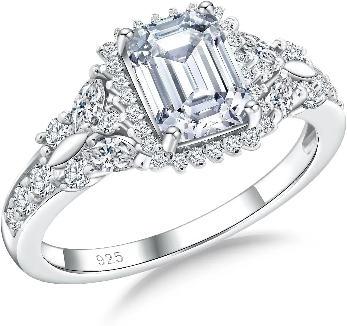 Butterfly Rings for Women, 925 Sterling Silver 3-4 Carat Birthstone Halo Ring Amethyst/Emerald/Blue Sapphire/Ruby Promise Ring Emerald Cut Engagement Rings for Her,Lovers Birthday Valentines Gift