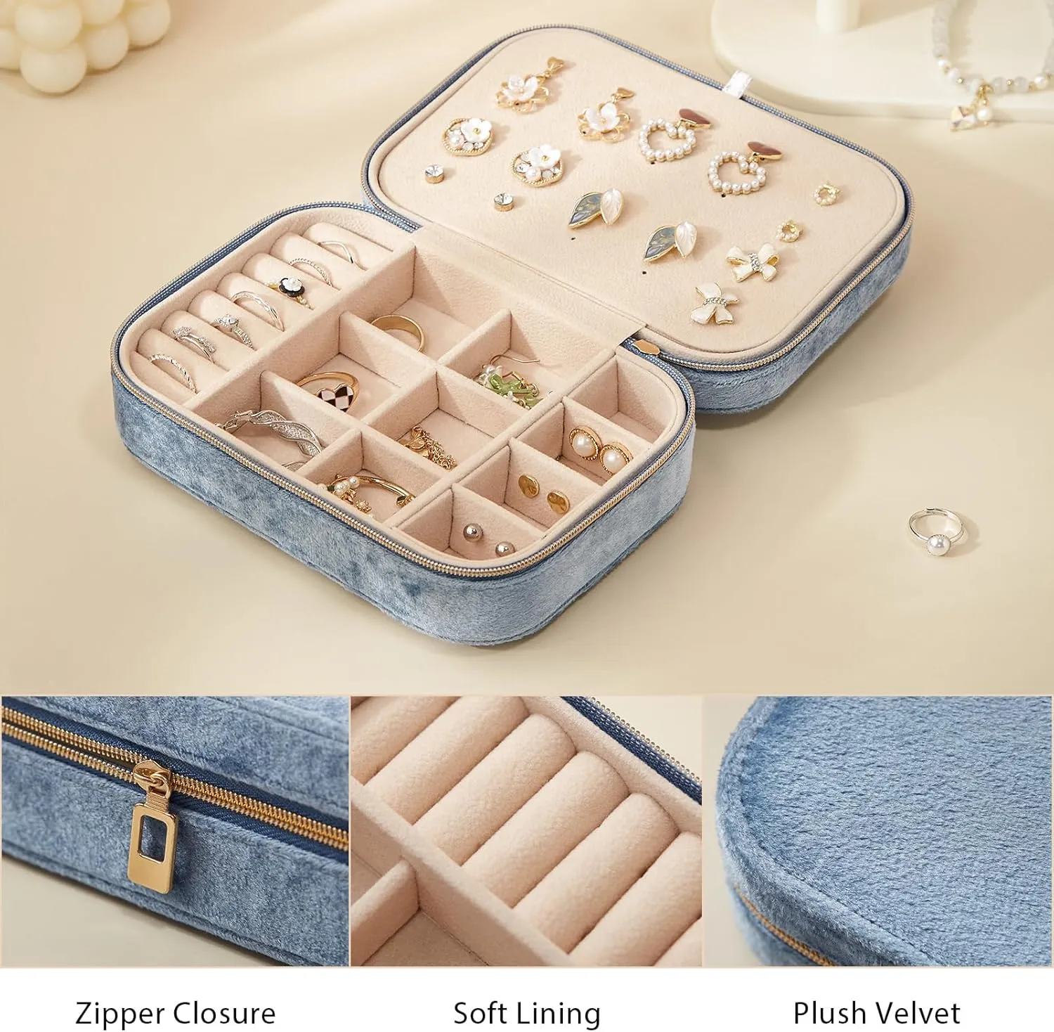 CASEGRACE Plush Velvet Travel Jewelry Box, Portable Jewelry Case for Women Girls, Double Layer Jewelry Organizer Display Box for Necklace Earring Rings Bracelet, Travel Accessory Gifts, blue