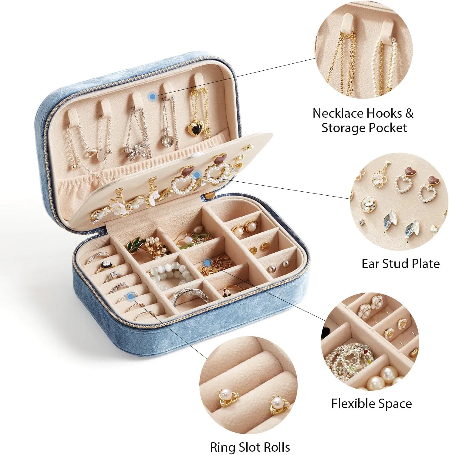 CASEGRACE Plush Velvet Travel Jewelry Box, Portable Jewelry Case for Women Girls, Double Layer Jewelry Organizer Display Box for Necklace Earring Rings Bracelet, Travel Accessory Gifts, blue