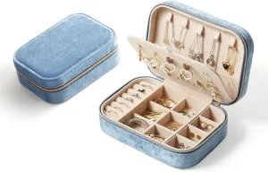CASEGRACE Plush Velvet Travel Jewelry Box, Portable Jewelry Case for Women Girls, Double Layer Jewelry Organizer Display Box for Necklace Earring Rings Bracelet, Travel Accessory Gifts, blue