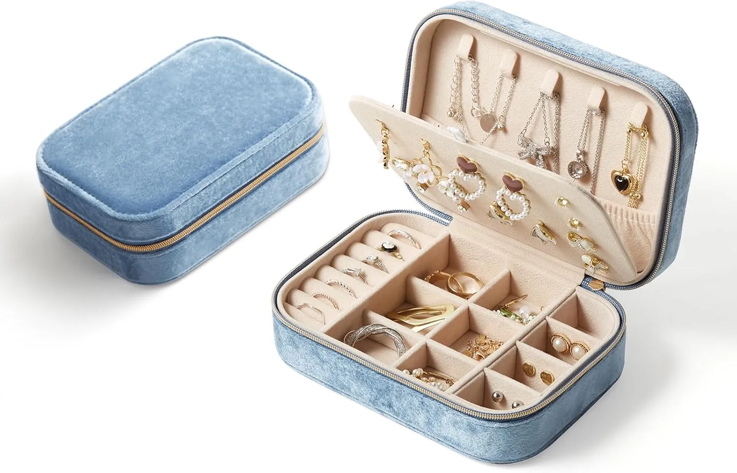CASEGRACE Plush Velvet Travel Jewelry Box, Portable Jewelry Case for Women Girls, Double Layer Jewelry Organizer Display Box for Necklace Earring Rings Bracelet, Travel Accessory Gifts, blue