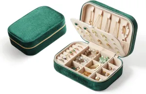 CASEGRACE Plush Velvet Travel Jewelry Box, Portable Jewelry Case for Women Girls, Double Layer Jewelry Organizer Display Box for Necklace Earring Rings Bracelet, Travel Accessory Gifts, green