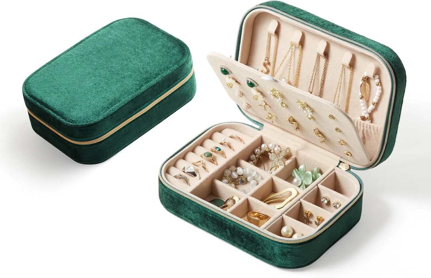 CASEGRACE Plush Velvet Travel Jewelry Box, Portable Jewelry Case for Women Girls, Double Layer Jewelry Organizer Display Box for Necklace Earring Rings Bracelet, Travel Accessory Gifts, green