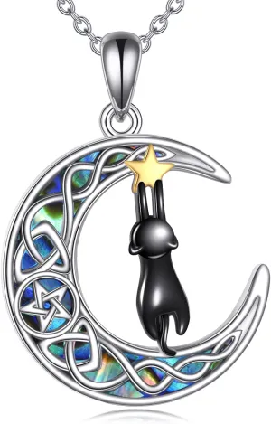 Cat Necklace S925 Sterling Silver Celtic Moon Pendant Black Cat Jewelry Gifts for Women Mother
