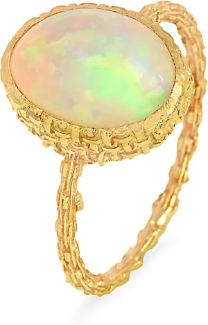 Certified 18K Yellow Gold Ring Exquisite Textured Ring With Natural Ethiopian Opal 3.48 Carats Wedding Engagement Designer Ring Women Gifts