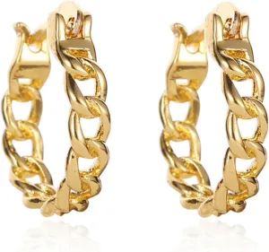 Chain Hoop Earrings for Women Gold Silver Plated Hypoallergenic Simple Hollow Irregular Polished Twisted Metal Link Lightweight Small Huggie Hoop Earrings for Daily Jewelry Accessories