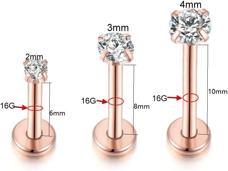 Changgaijewelry 16g CZ Labret Cartilage Tragus Monroe Lip Nose Helix Studs Earrings for women Stainless Steel Piercing