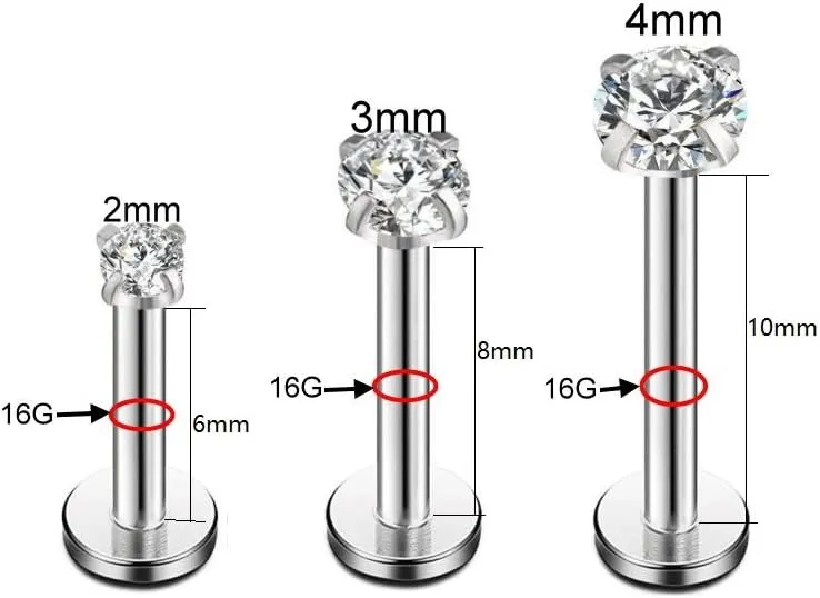 Changgaijewelry 16g CZ Labret Cartilage Tragus Monroe Lip Nose Helix Studs Earrings for women Stainless Steel Piercing