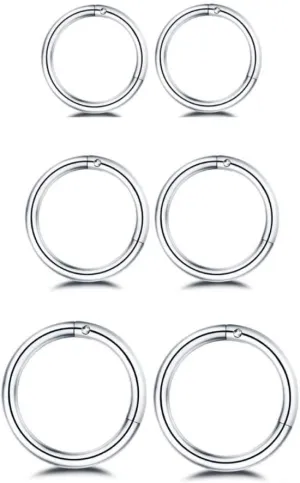 Changgaijewelry 3Pairs Stainless Steel 16G Sleeper Tiny Hoop Earrings Septum Hinged Nose Lip Ring Cartilage Tragus Piercings 6mm 8mm 10mm Set