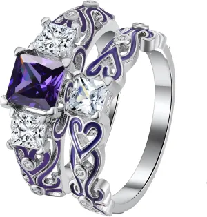 Cherri Wedding Ring Set for Women by Ginger Lyne | Purple Princess Cut Engagement Ring with Matching Wedding Band Cubic Zirconia Promise or Bridal Set