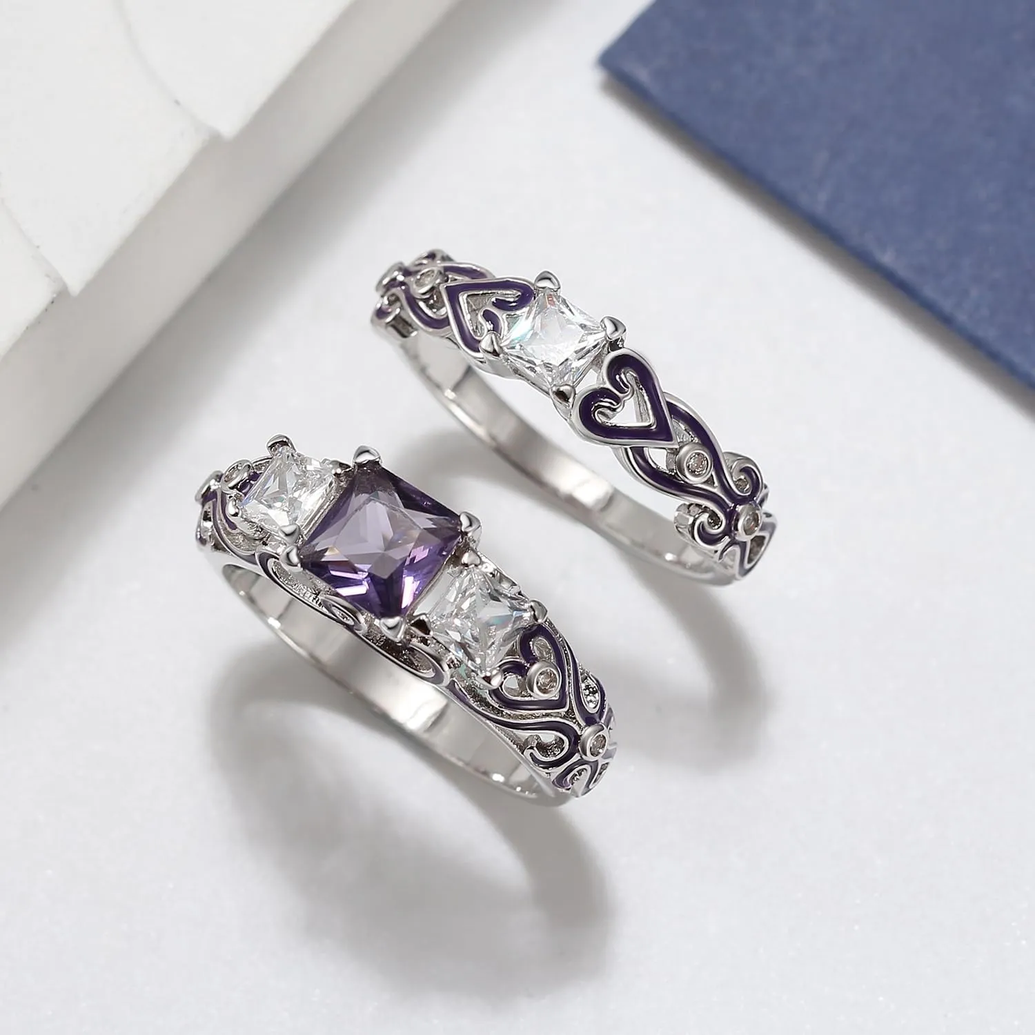 Cherri Wedding Ring Set for Women by Ginger Lyne | Purple Princess Cut Engagement Ring with Matching Wedding Band Cubic Zirconia Promise or Bridal Set