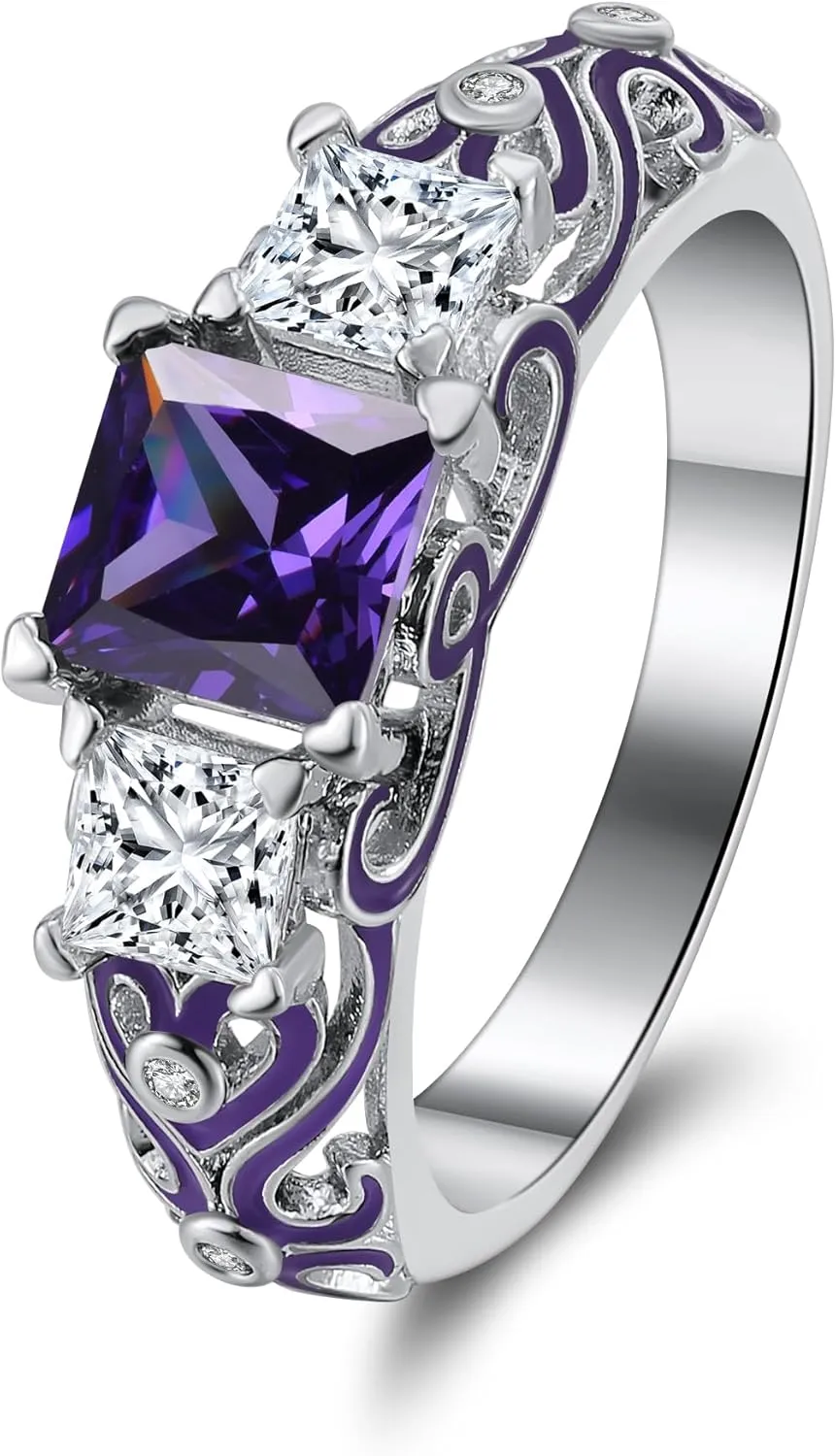 Cherri Wedding Ring Set for Women by Ginger Lyne | Purple Princess Cut Engagement Ring with Matching Wedding Band Cubic Zirconia Promise or Bridal Set