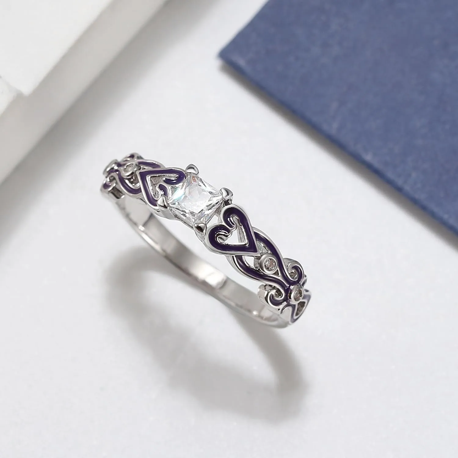 Cherri Wedding Ring Set for Women by Ginger Lyne | Purple Princess Cut Engagement Ring with Matching Wedding Band Cubic Zirconia Promise or Bridal Set