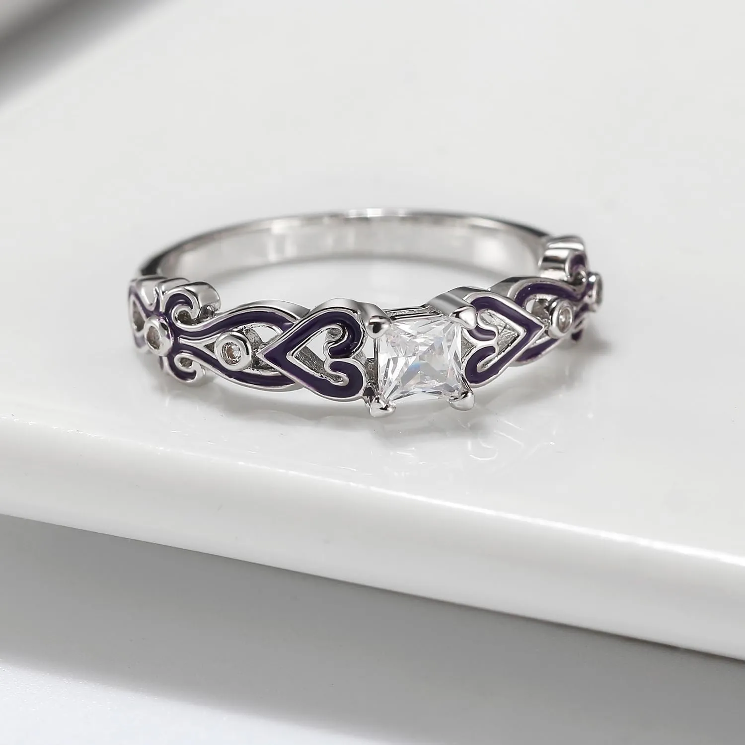 Cherri Wedding Ring Set for Women by Ginger Lyne | Purple Princess Cut Engagement Ring with Matching Wedding Band Cubic Zirconia Promise or Bridal Set