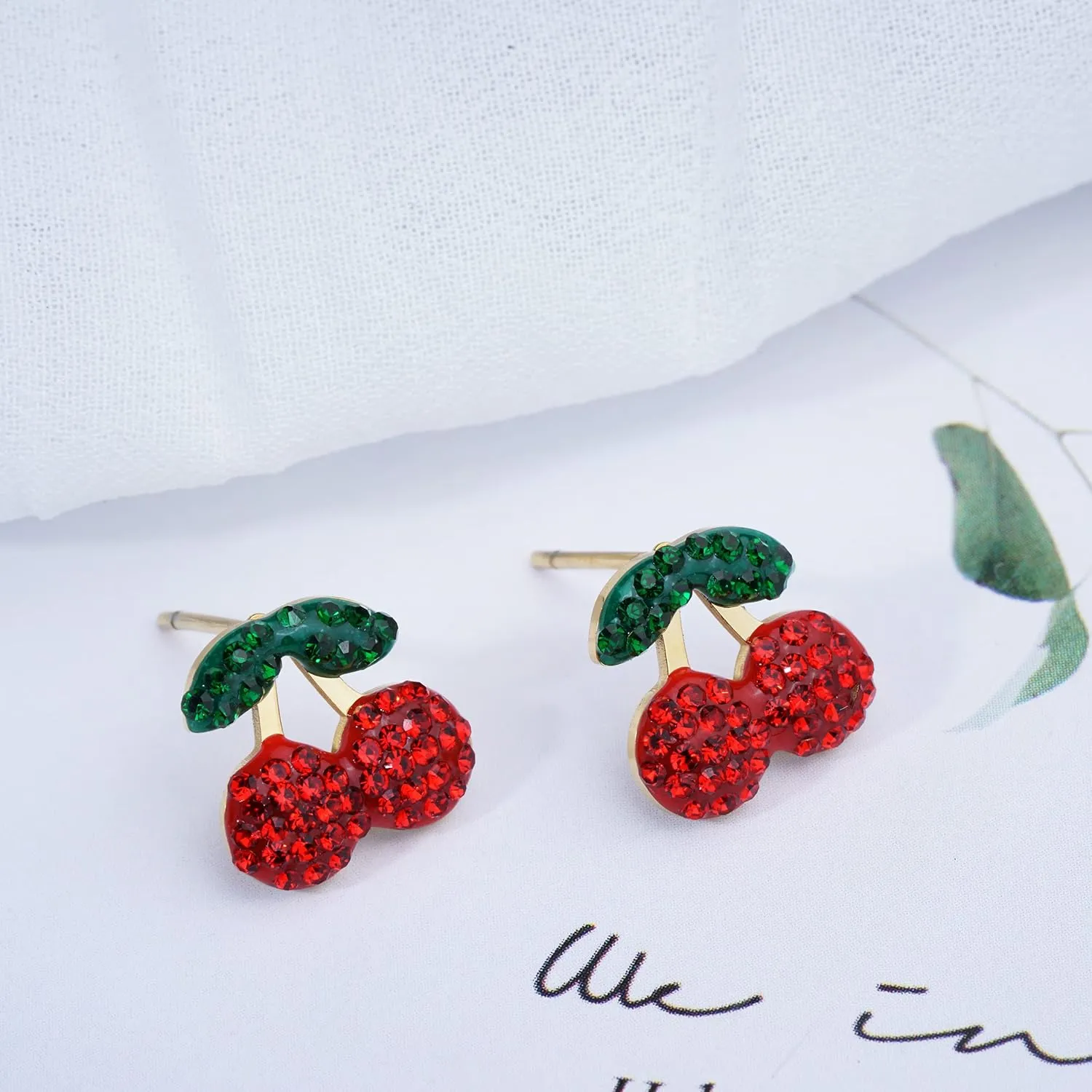 Cherry Earrings for Women Gold Silver Plated Crystal Red Cherry Necklace Cute Summer Sweet Fruit Earrings Studs Cherry Jewelry for Women
