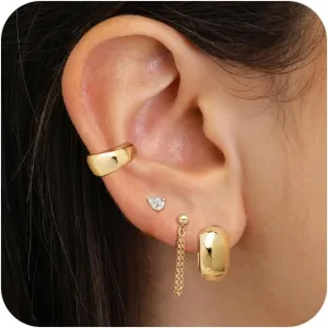 CHESKY Gold Earrings Set for Women, Large Cartilage Ear Cuff Earrings Hypoallergenic 14K Gold Plated Chunky Huggie Hoop Earrings Dainty Cubic Zirconia Chain Stud Earrings Jewelry Gifts, Hoops