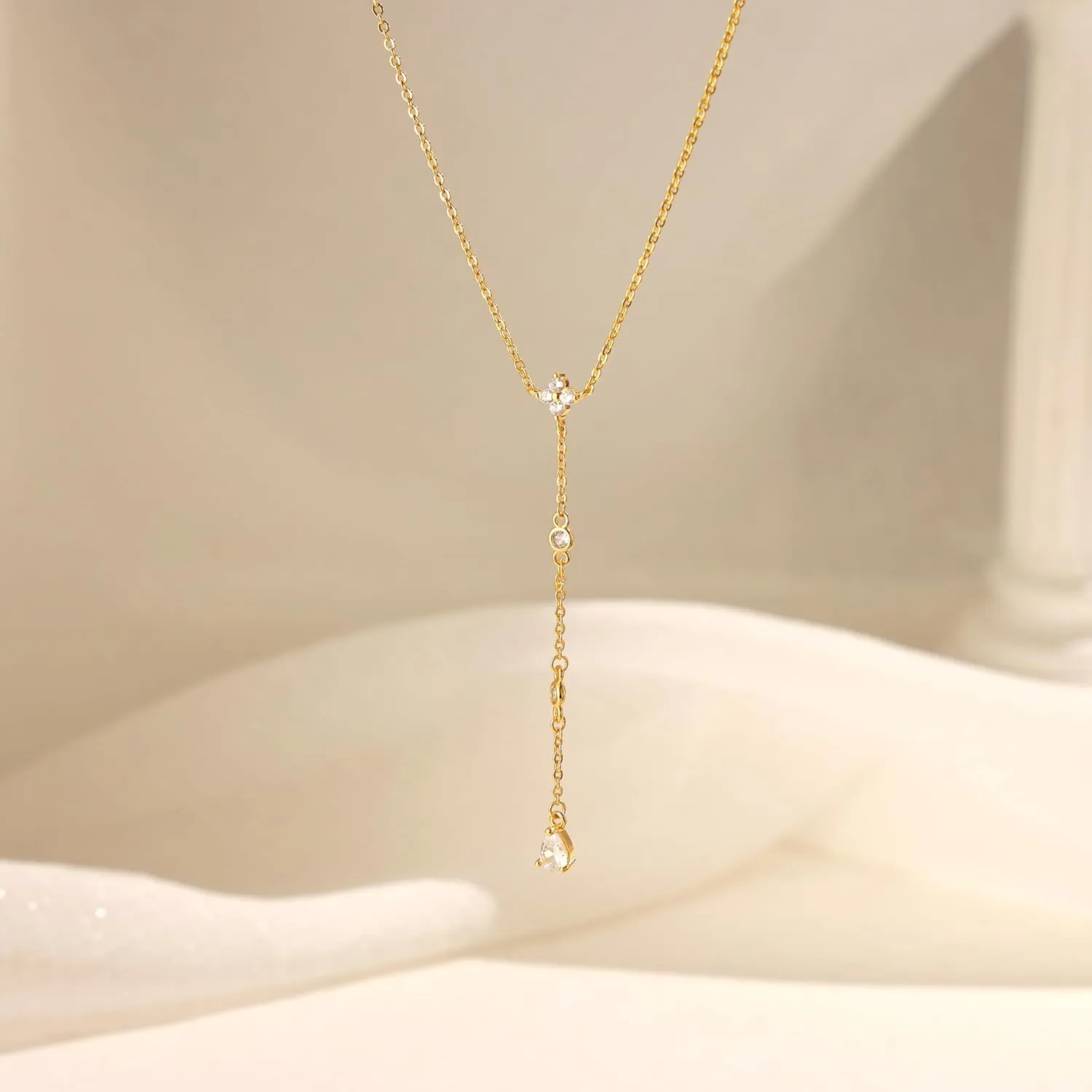 CHESKY Long Necklaces for Women, 14k Gold Plated/Streling Silver Lariat Necklace Dainty Statement Prom Necklace Rosary Cross Sun Drop Pendant Dangle Necklace Gold Prom Jewelry for Women Gifts