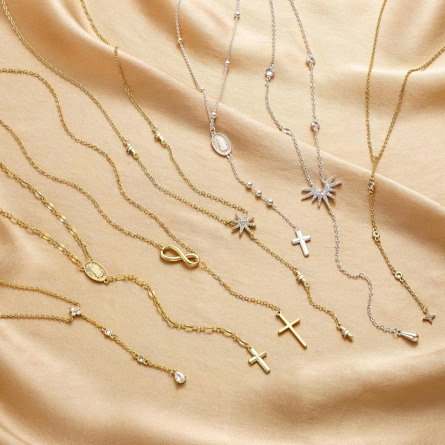 CHESKY Long Necklaces for Women, 14k Gold Plated/Streling Silver Lariat Necklace Dainty Statement Prom Necklace Rosary Cross Sun Drop Pendant Dangle Necklace Gold Prom Jewelry for Women Gifts
