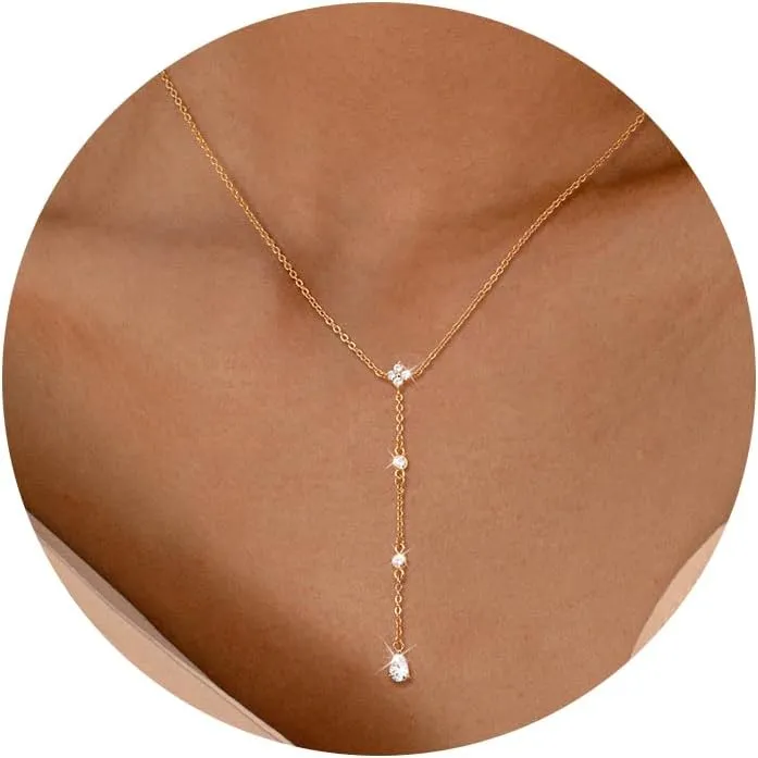 CHESKY Long Necklaces for Women, 14k Gold Plated/Streling Silver Lariat Necklace Dainty Statement Prom Necklace Rosary Cross Sun Drop Pendant Dangle Necklace Gold Prom Jewelry for Women Gifts