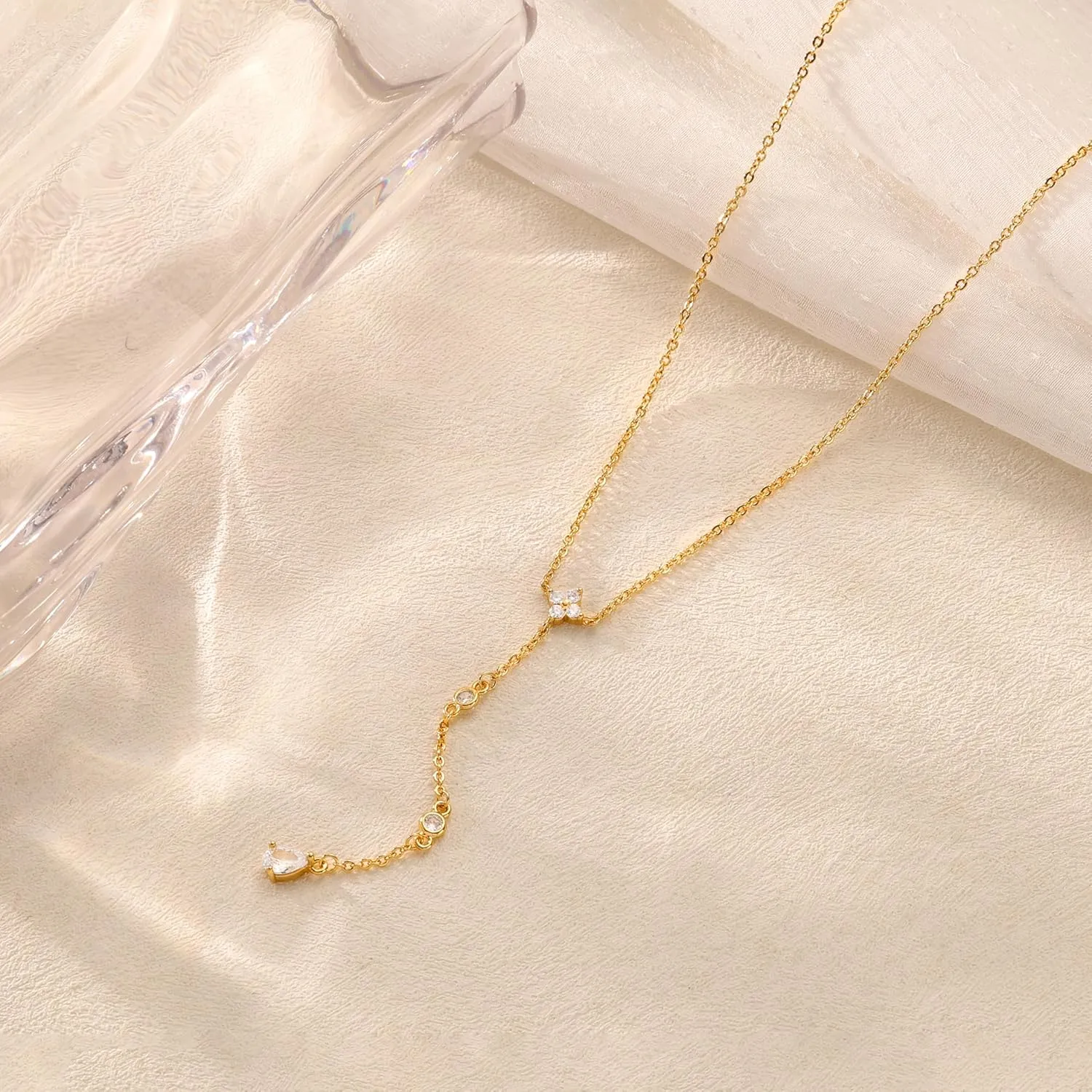 CHESKY Long Necklaces for Women, 14k Gold Plated/Streling Silver Lariat Necklace Dainty Statement Prom Necklace Rosary Cross Sun Drop Pendant Dangle Necklace Gold Prom Jewelry for Women Gifts