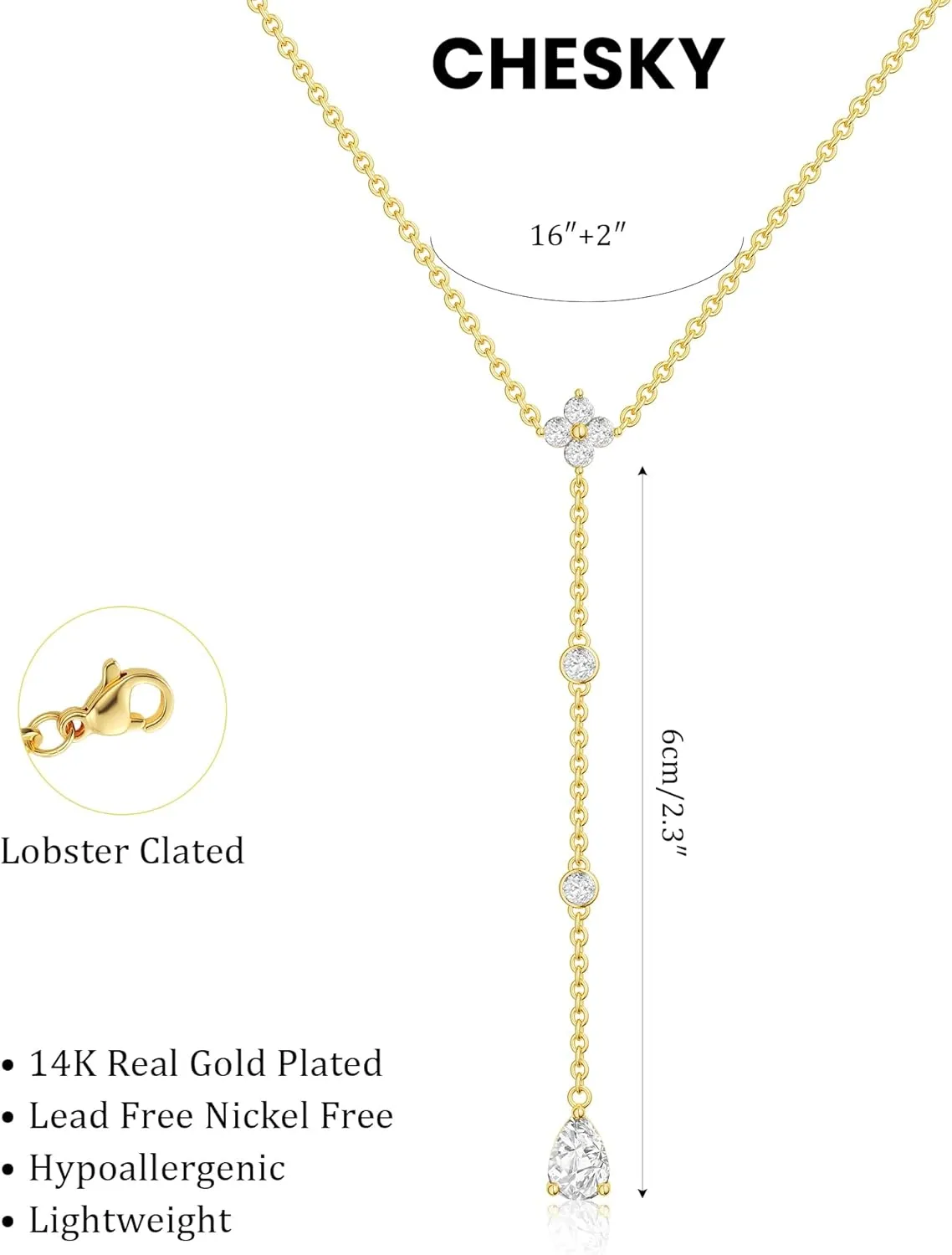 CHESKY Long Necklaces for Women, 14k Gold Plated/Streling Silver Lariat Necklace Dainty Statement Prom Necklace Rosary Cross Sun Drop Pendant Dangle Necklace Gold Prom Jewelry for Women Gifts