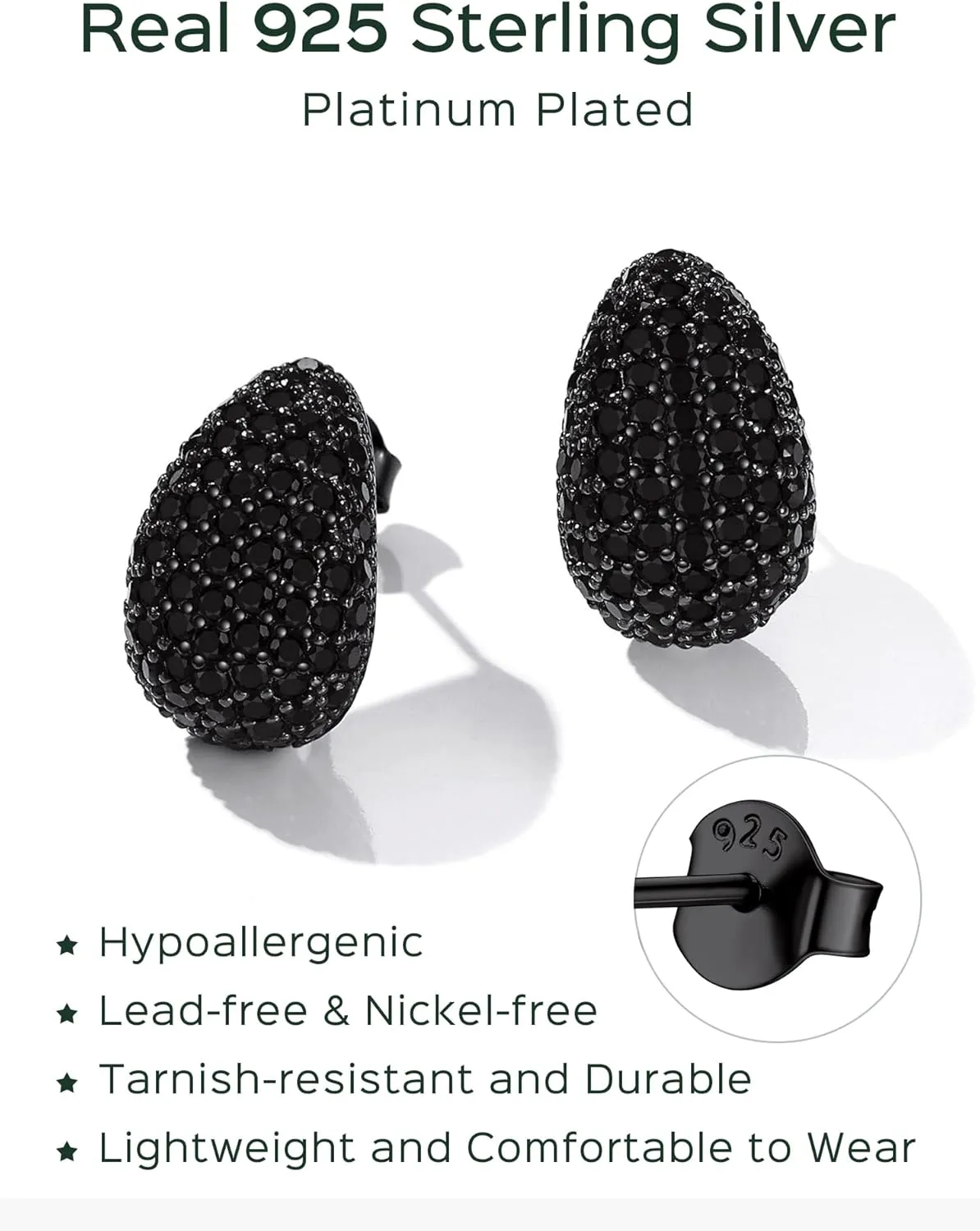 ChicSilver Gold/Silver/Black Teardrop Earrings for Women, 925 Sterling Silver Chunky Hoop Earrings, Hypoallergenic Small Tear Drop Earrings Jewelry