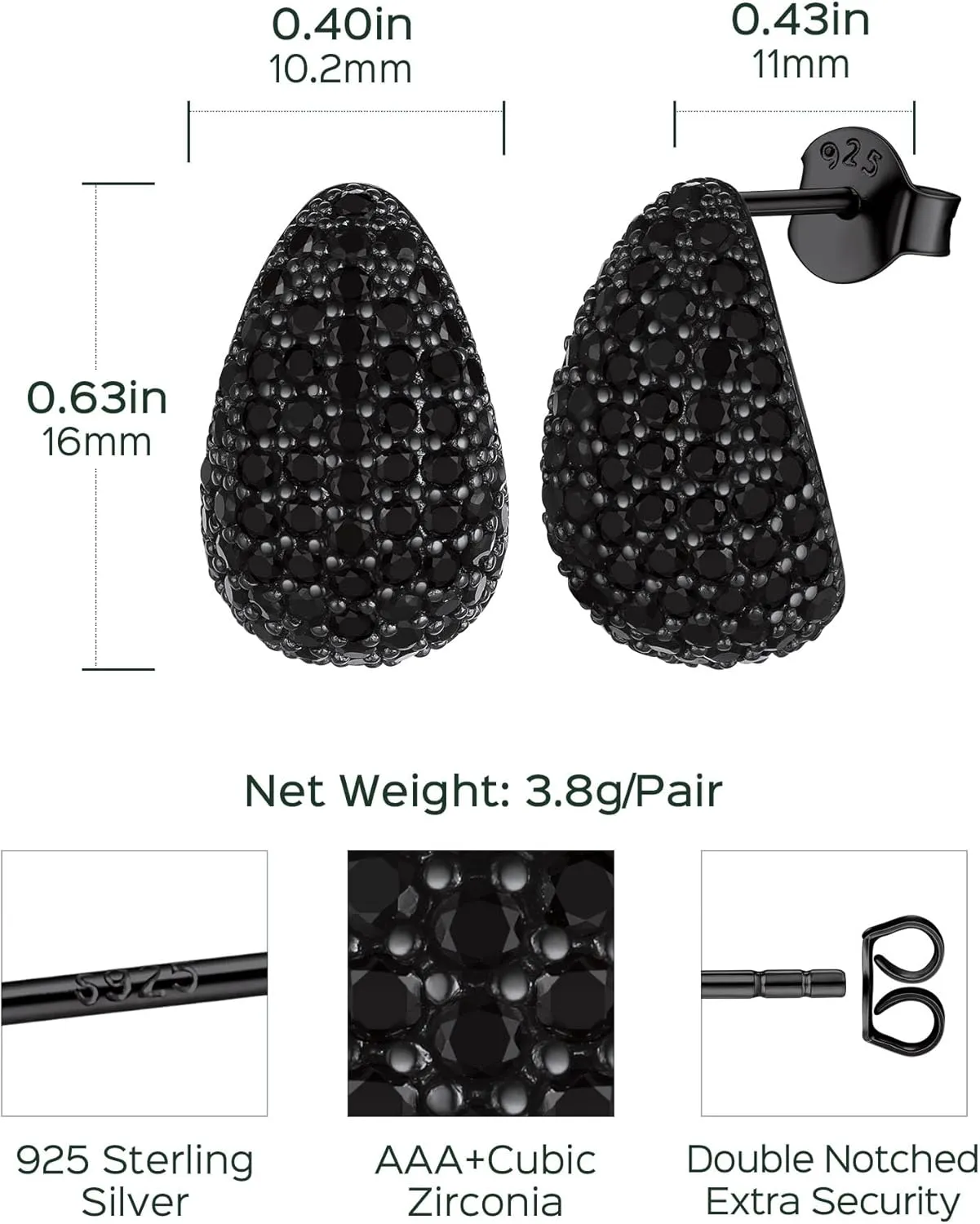 ChicSilver Gold/Silver/Black Teardrop Earrings for Women, 925 Sterling Silver Chunky Hoop Earrings, Hypoallergenic Small Tear Drop Earrings Jewelry
